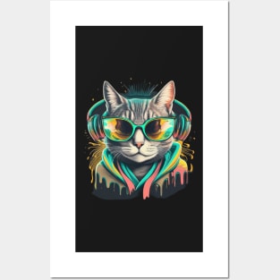 Neon Groove: Feline Beats and Shades Tee! Posters and Art